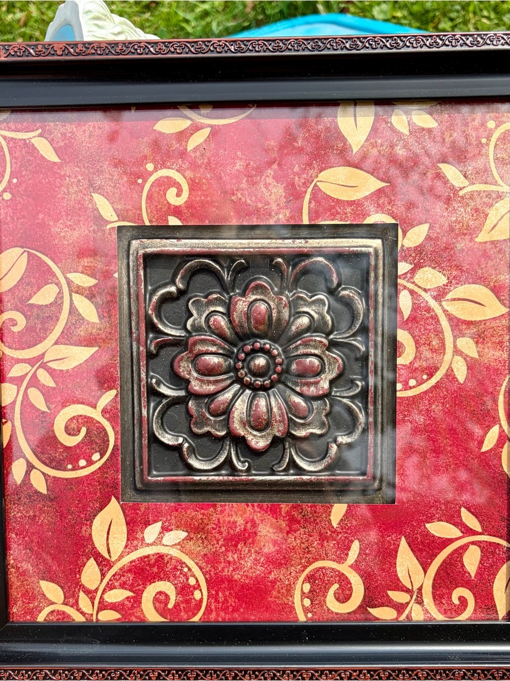 Framed Red and Gold Floral Relief Wall Art